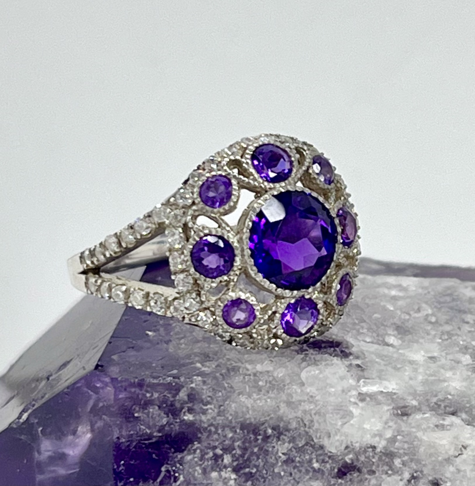 Sterling Silver Amethyst Ornate Ring