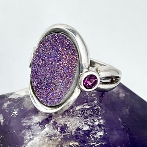 Silver Druzy Quartz & Garnet Ring