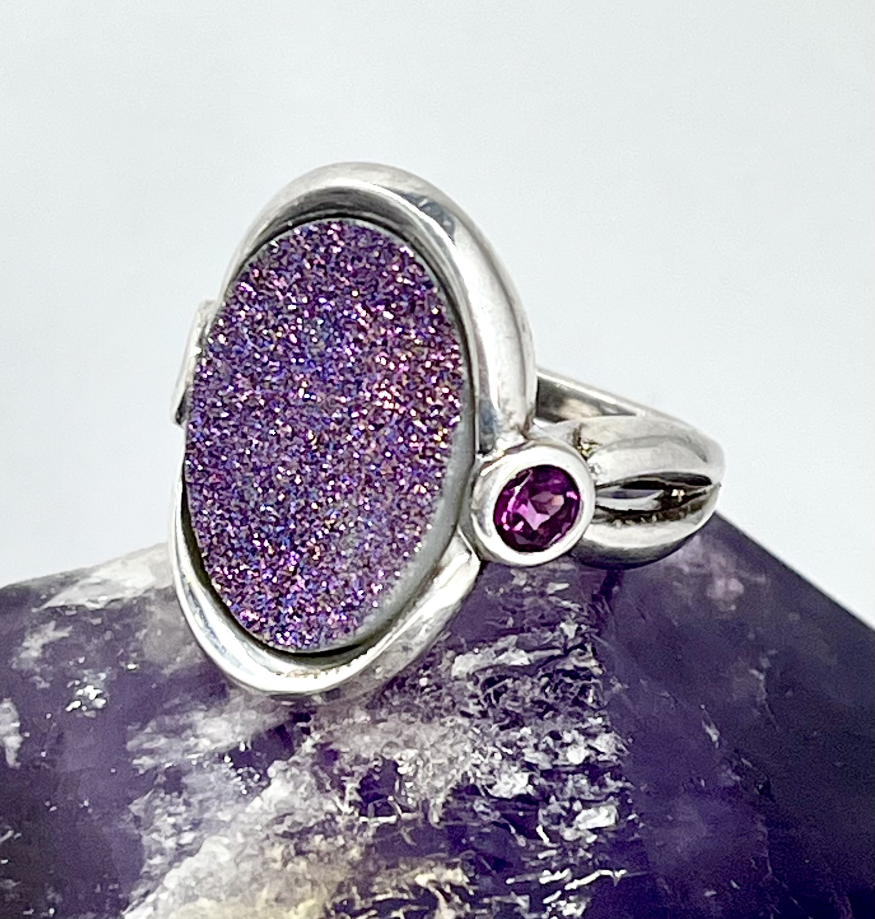Silver Druzy Quartz & Garnet Ring