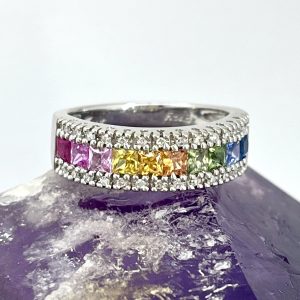 14K White Gold Rainbow Gemstone  Ring with Diamonds