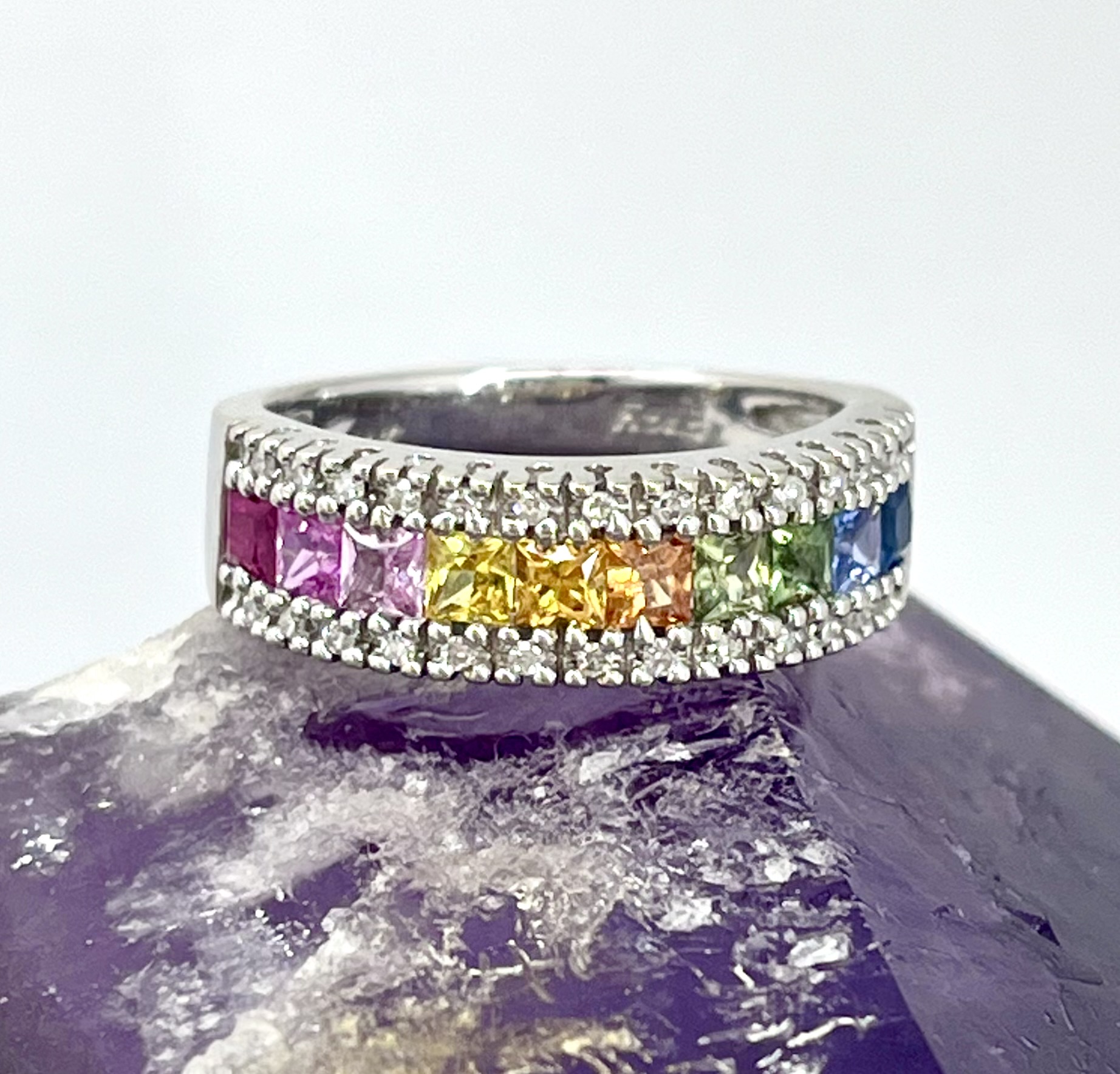 14K White Gold Rainbow Gemstone Ring with Diamonds