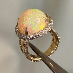 Round Cabochon Genuine Ethiopian Opal 18KY Statement Ring with Diamonds